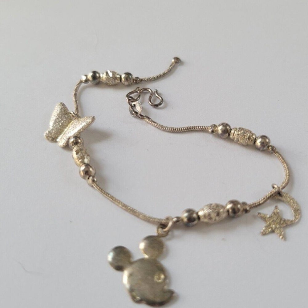 Vintage RARE Sterling Silver Charm Bracelet Mickey Mouse Butterfly Moon Stars 7"